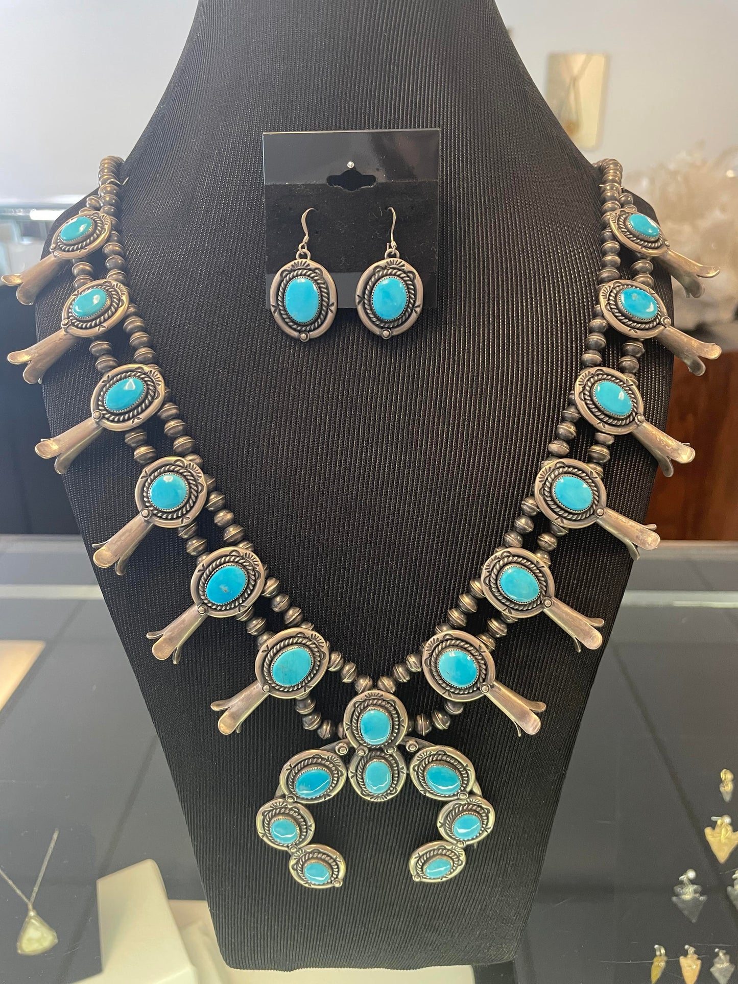 Turquoise silver squash blossom and earring set