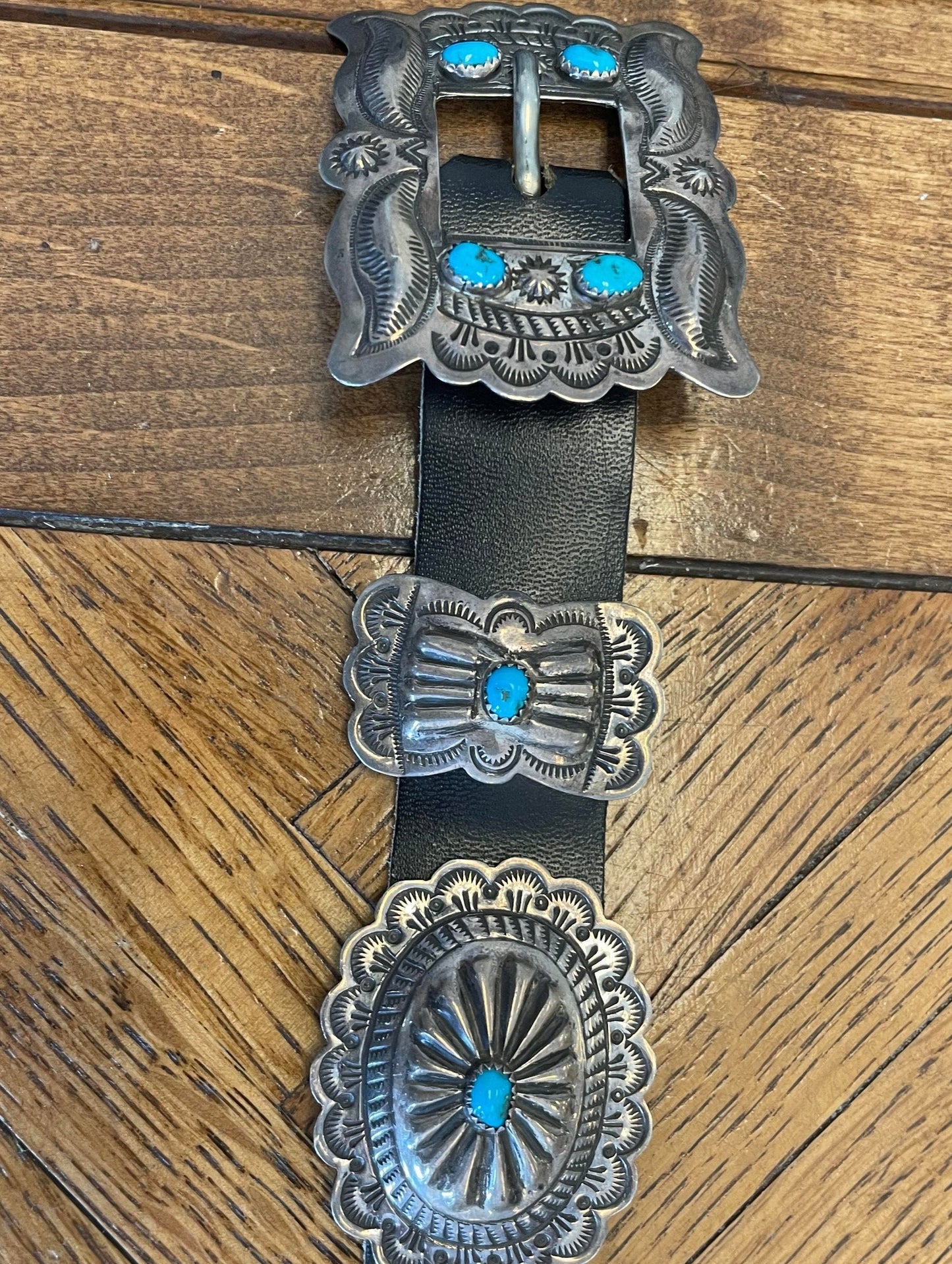 Navajo silver and turquoise Concha belt. 18 pieces stamped B. Soce
