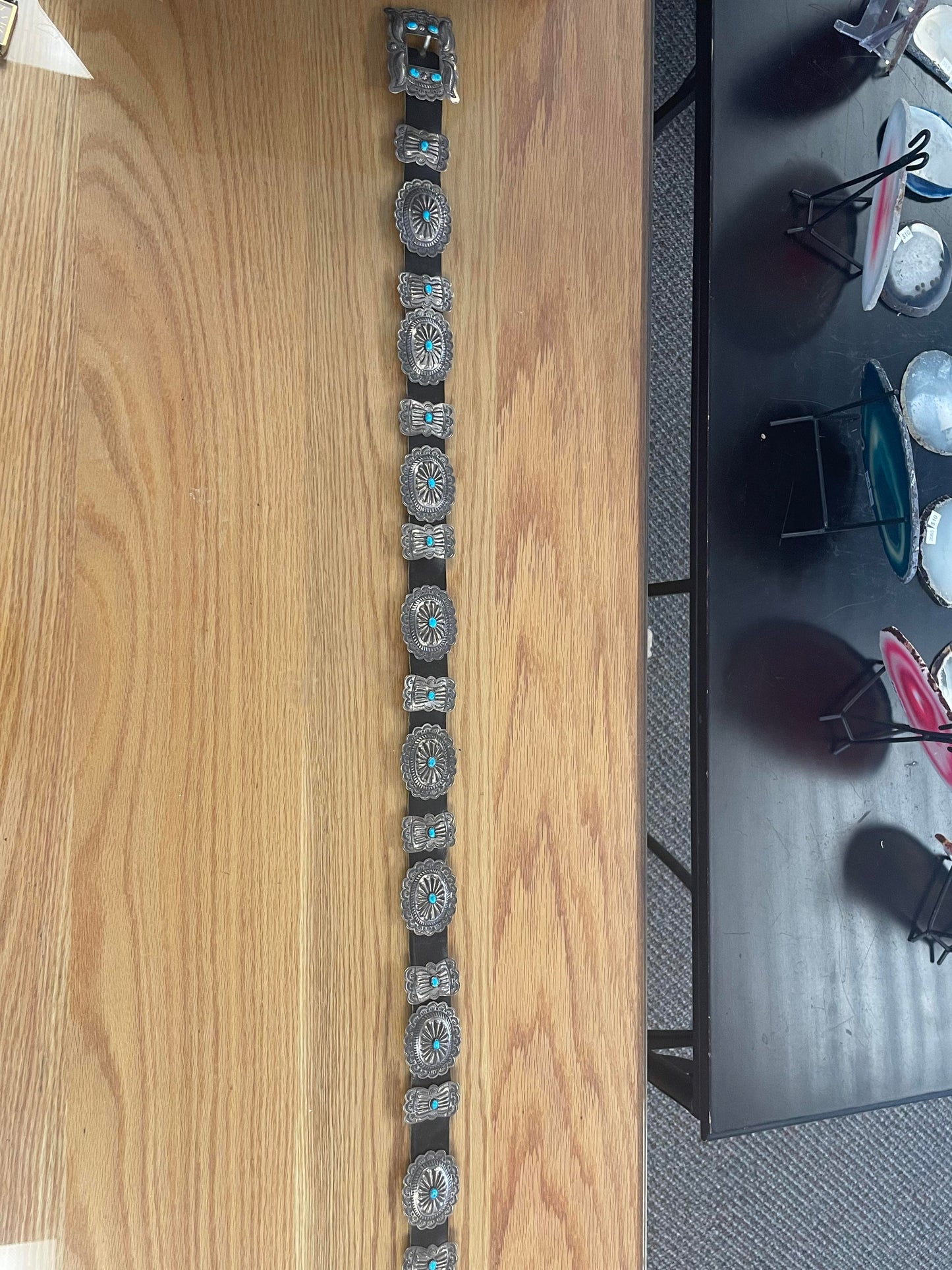 Navajo silver and turquoise Concha belt. 18 pieces stamped B. Soce