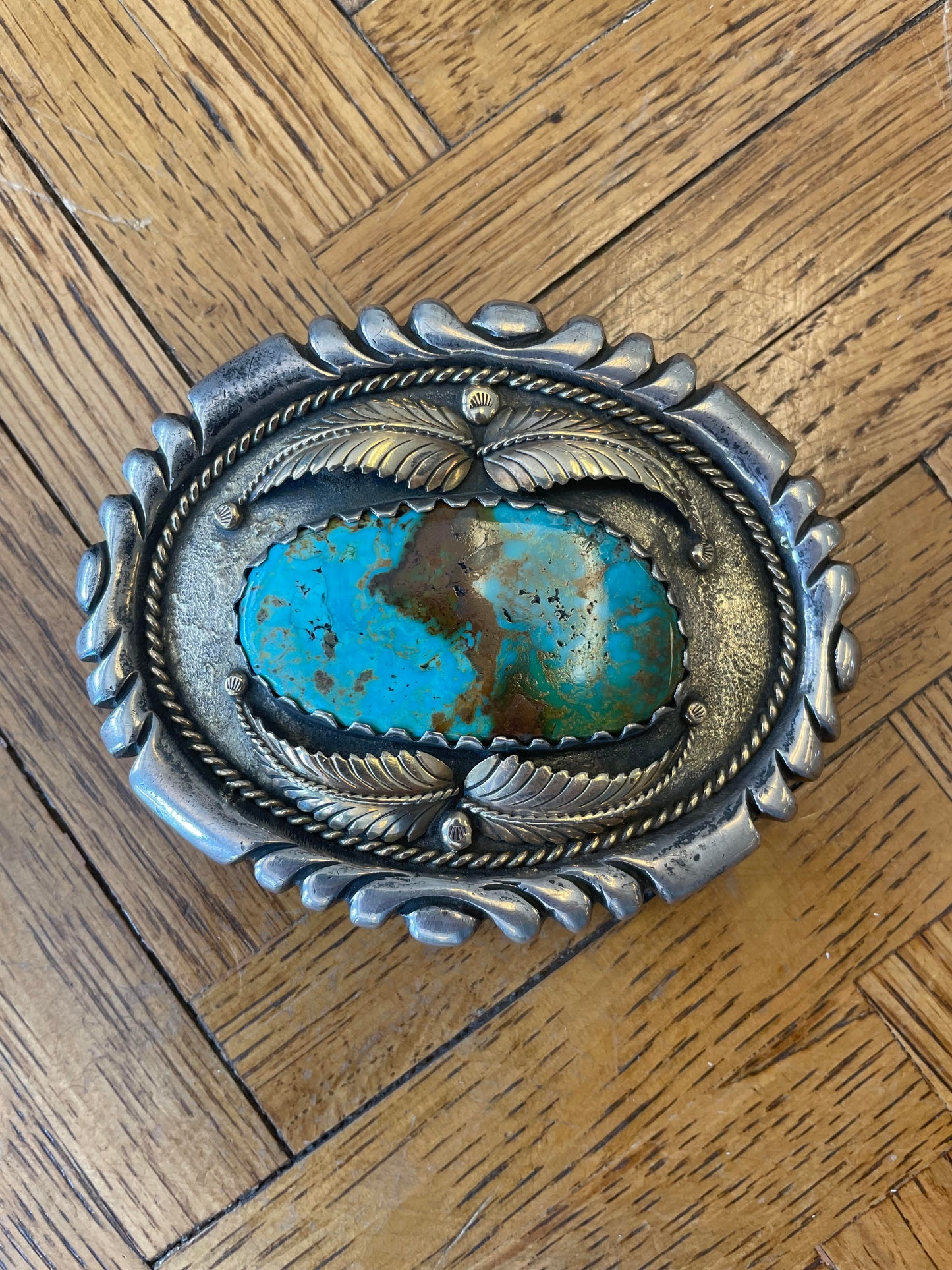 Sterling and Yellow Gold Belt Buckle Ceromonial Turquoise