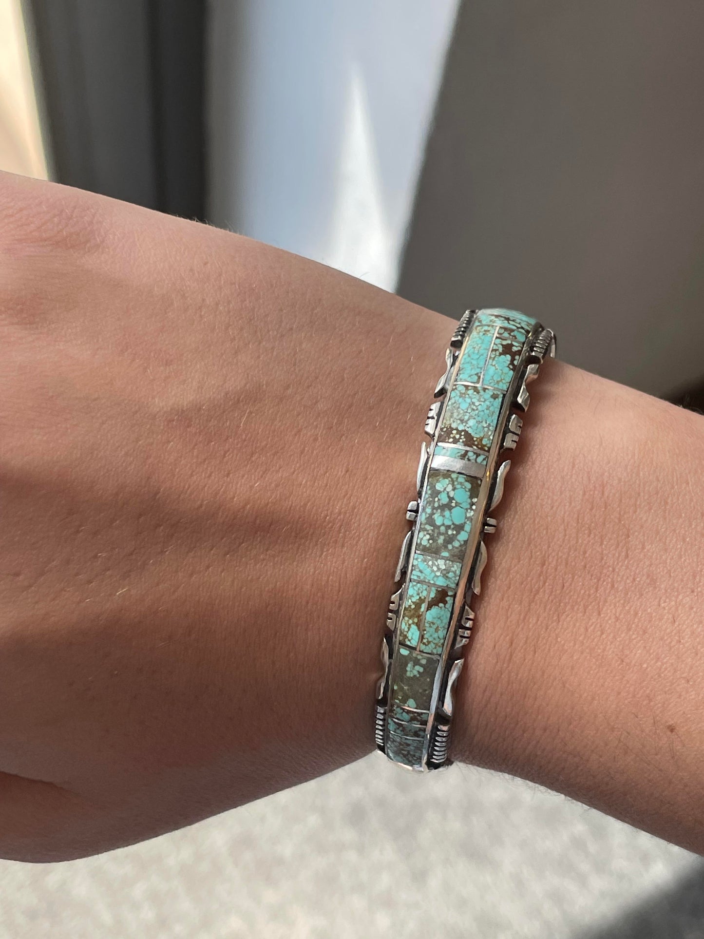Spiderweb #8 in Sterling Navajo Inlay Bracelet
