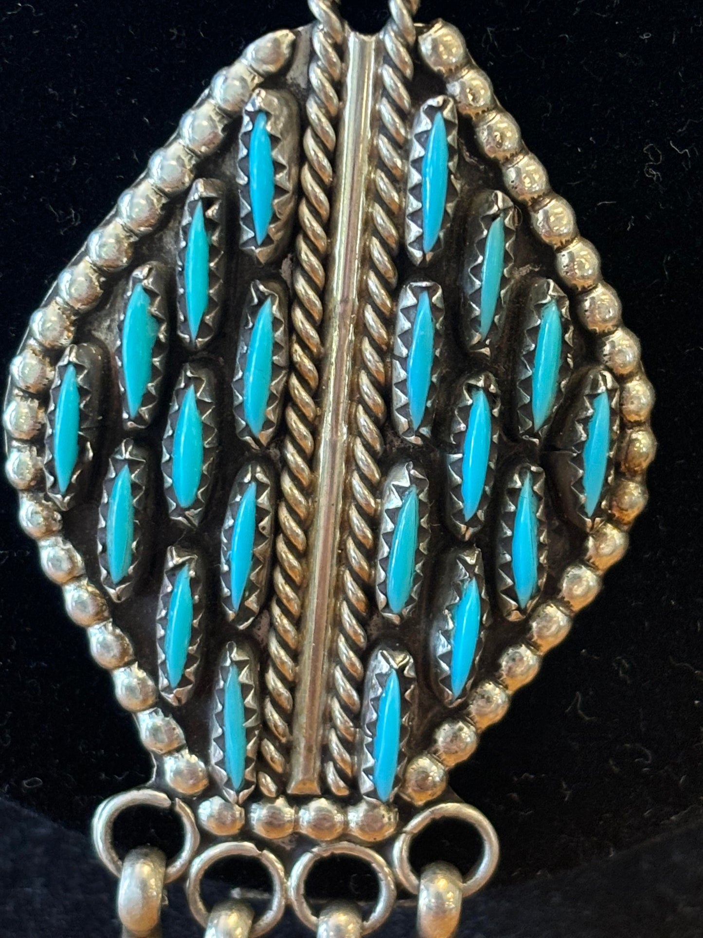 Silver Turquosie needlepoint necklace engraved Jasen Yazzie